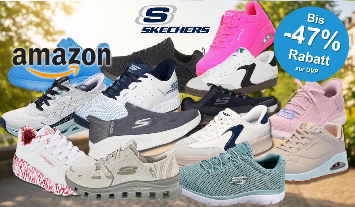 Skechers Sneaker in verschiedenen Farben (Schwarz, Weiß, Orange, Blau, Hellblau, Grau, Grün) vor einem Hintergrund einer grünen Landschaft und Natur. Links oben das Amazon-Logo, daneben das Skechers-Logo.