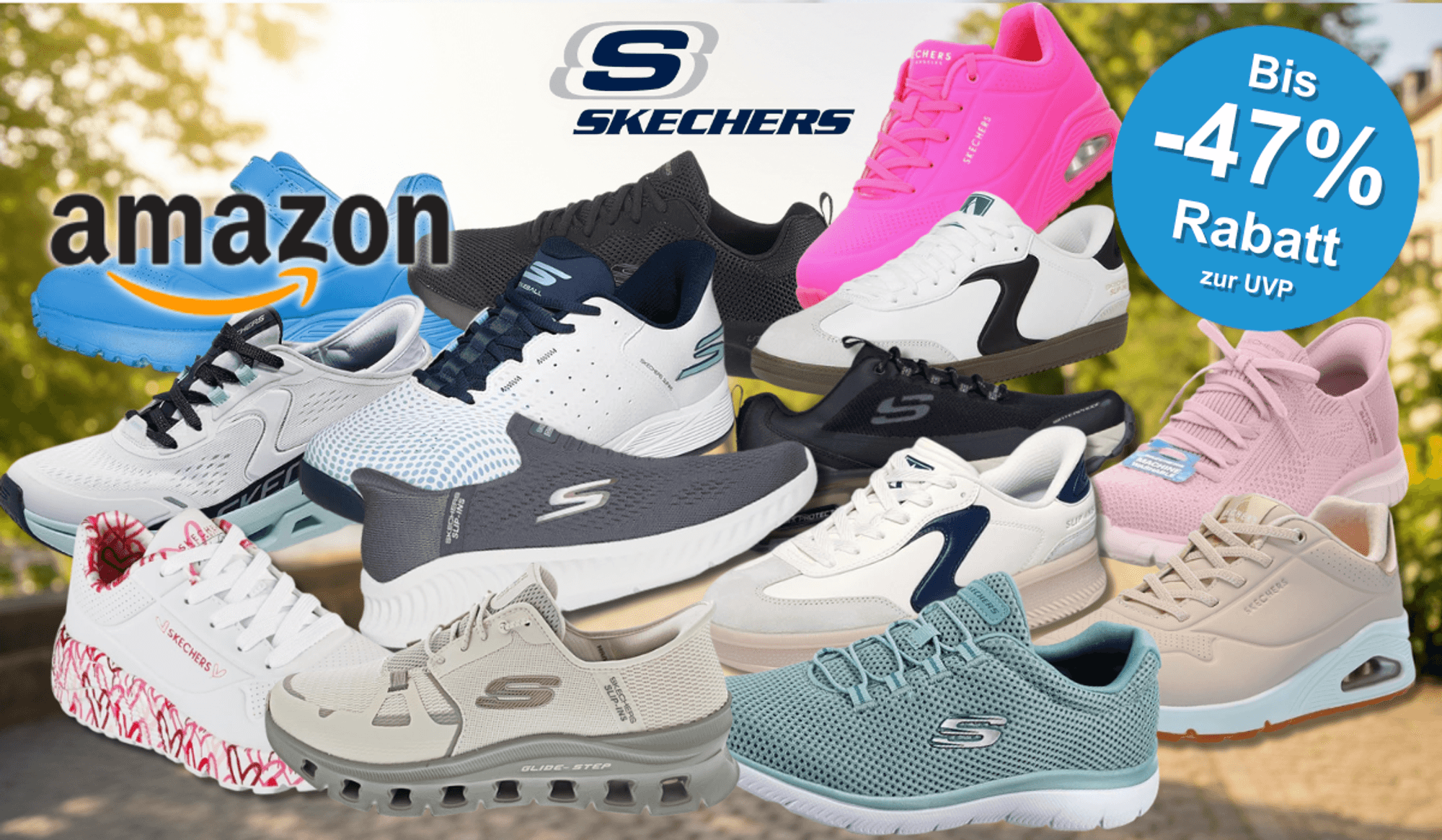 Skechers Sneaker in verschiedenen Farben (Schwarz, Weiß, Orange, Blau, Hellblau, Grau, Grün) vor einem Hintergrund einer grünen Landschaft und Natur. Links oben das Amazon-Logo, daneben das Skechers-Logo.
