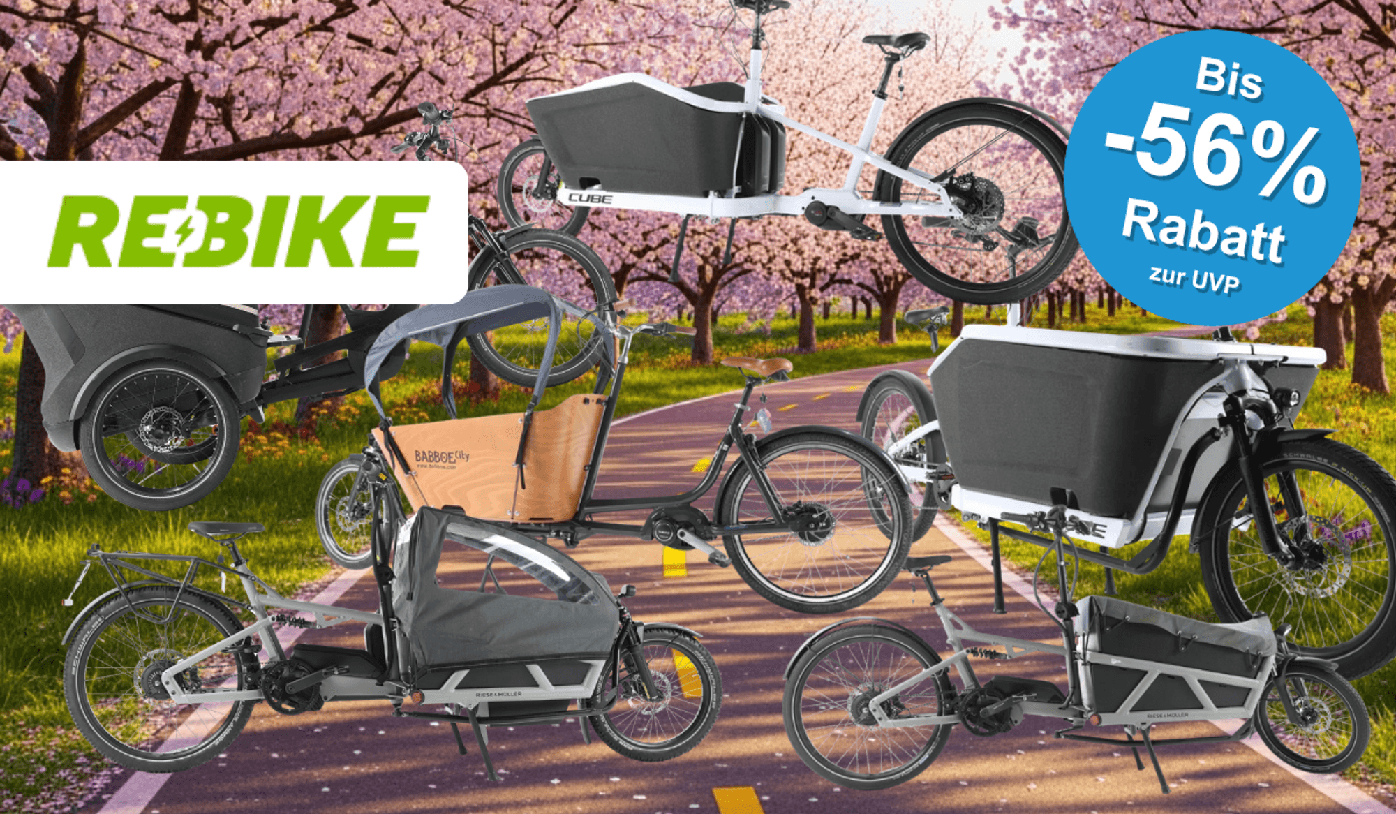 Auf dem Bild ist eine Collage aus diverse Lastenfahrrädern zu sehen auf einem noch frühlingshaften Hintergrund.