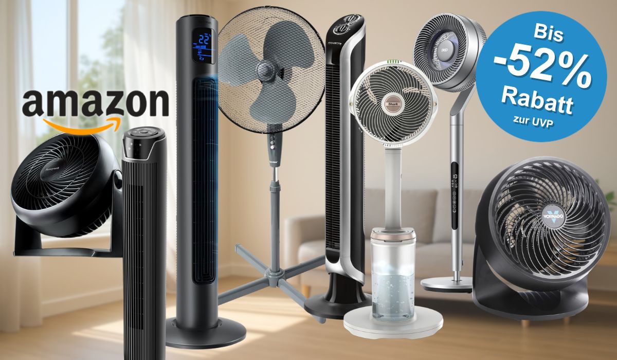 Collage verschiedener Ventilatoren unterschiedlicher Typen und Marken (Tischventilator Honeywell, schwarzer Turmventilator, klassischer Standventilator, Rowenta Turmventilator, Shark Standventilator, moderner Design-Ventilator mit Wassertank sowie ein Vornado Tischventilator) vor einem sommerlichen Balkon-Hintergrund mit warmem Stadtpanorama und einem sichtbaren Thermometer.