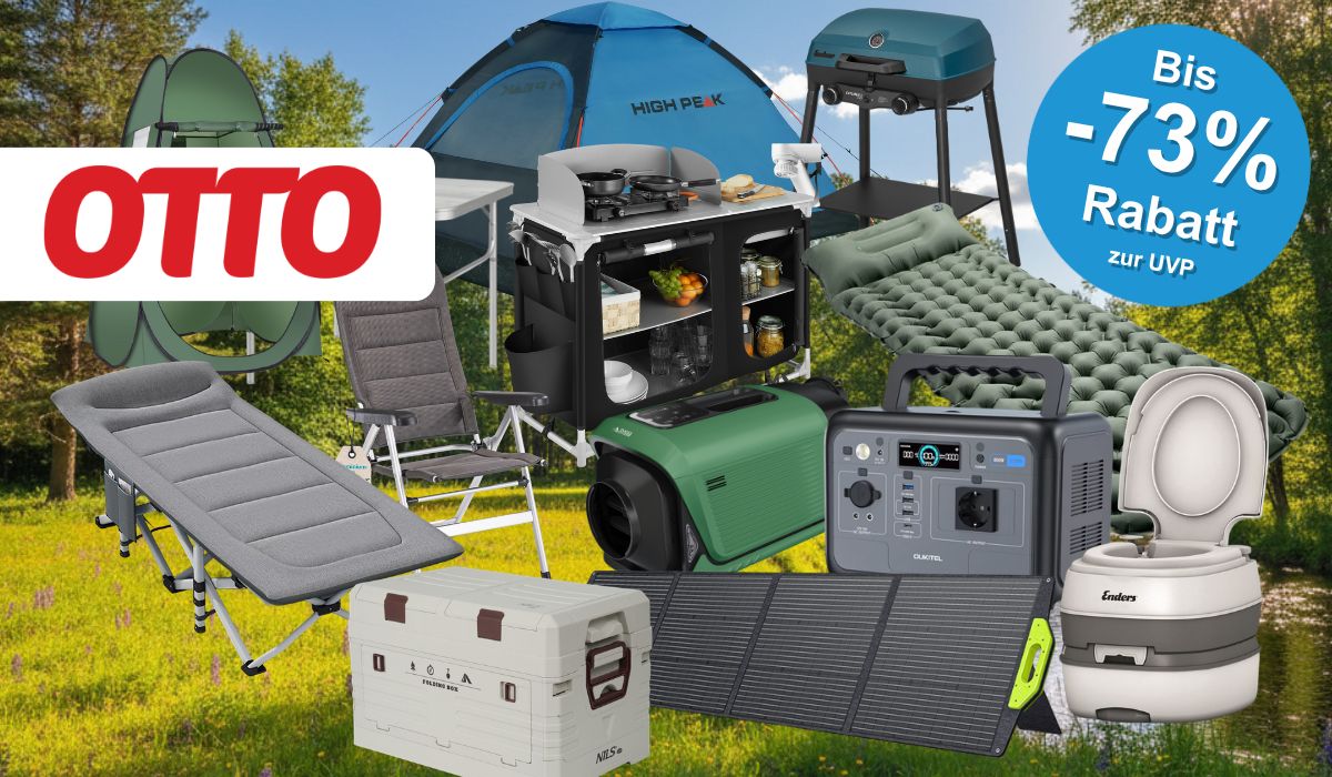 Produktcollage zum OTTO Camping-Sale mit blauem Rabatt-Button „Bis -73% zur UVP" und OTTO-Logo. Zu sehen sind verschiedene Camping-Produkte, darunter ein High Peak Kuppelzelt, ein faltbarer Campingstuhl, ein Klapptisch, eine mobile Campingküche, ein Gasgrill, eine selbstaufblasbare Isomatte, ein Feldbett, eine Camping-Klimaanlage, eine Powerstation von OUKITEL, ein faltbares Solarpanel, eine Kühlbox von NILS sowie eine portable Toilette von Enders – alles vor einem sommerlichen Waldwiesen-Hintergrund.