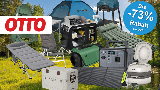 Produktcollage zum OTTO Camping-Sale mit blauem Rabatt-Button „Bis -73% zur UVP" und OTTO-Logo. Zu sehen sind verschiedene Camping-Produkte, darunter ein High Peak Kuppelzelt, ein faltbarer Campingstuhl, ein Klapptisch, eine mobile Campingküche, ein Gasgrill, eine selbstaufblasbare Isomatte, ein Feldbett, eine Camping-Klimaanlage, eine Powerstation von OUKITEL, ein faltbares Solarpanel, eine Kühlbox von NILS sowie eine portable Toilette von Enders – alles vor einem sommerlichen Waldwiesen-Hintergrund.