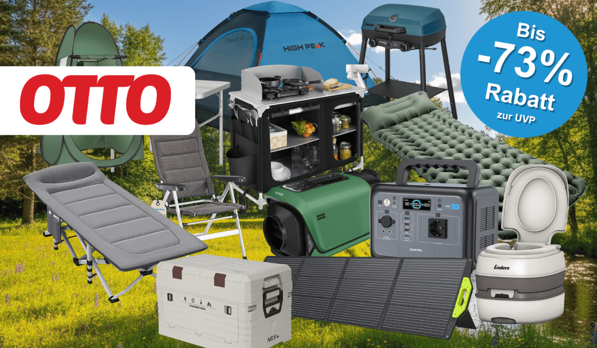 Produktcollage zum OTTO Camping-Sale mit blauem Rabatt-Button „Bis -73% zur UVP" und OTTO-Logo. Zu sehen sind verschiedene Camping-Produkte, darunter ein High Peak Kuppelzelt, ein faltbarer Campingstuhl, ein Klapptisch, eine mobile Campingküche, ein Gasgrill, eine selbstaufblasbare Isomatte, ein Feldbett, eine Camping-Klimaanlage, eine Powerstation von OUKITEL, ein faltbares Solarpanel, eine Kühlbox von NILS sowie eine portable Toilette von Enders – alles vor einem sommerlichen Waldwiesen-Hintergrund.