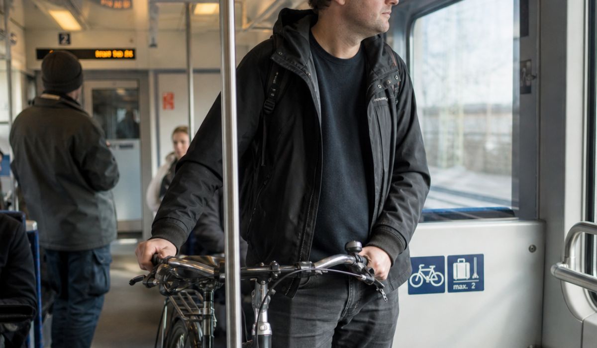 Ein Mann der mit seinem Fahrrad in der Bahn fährt.