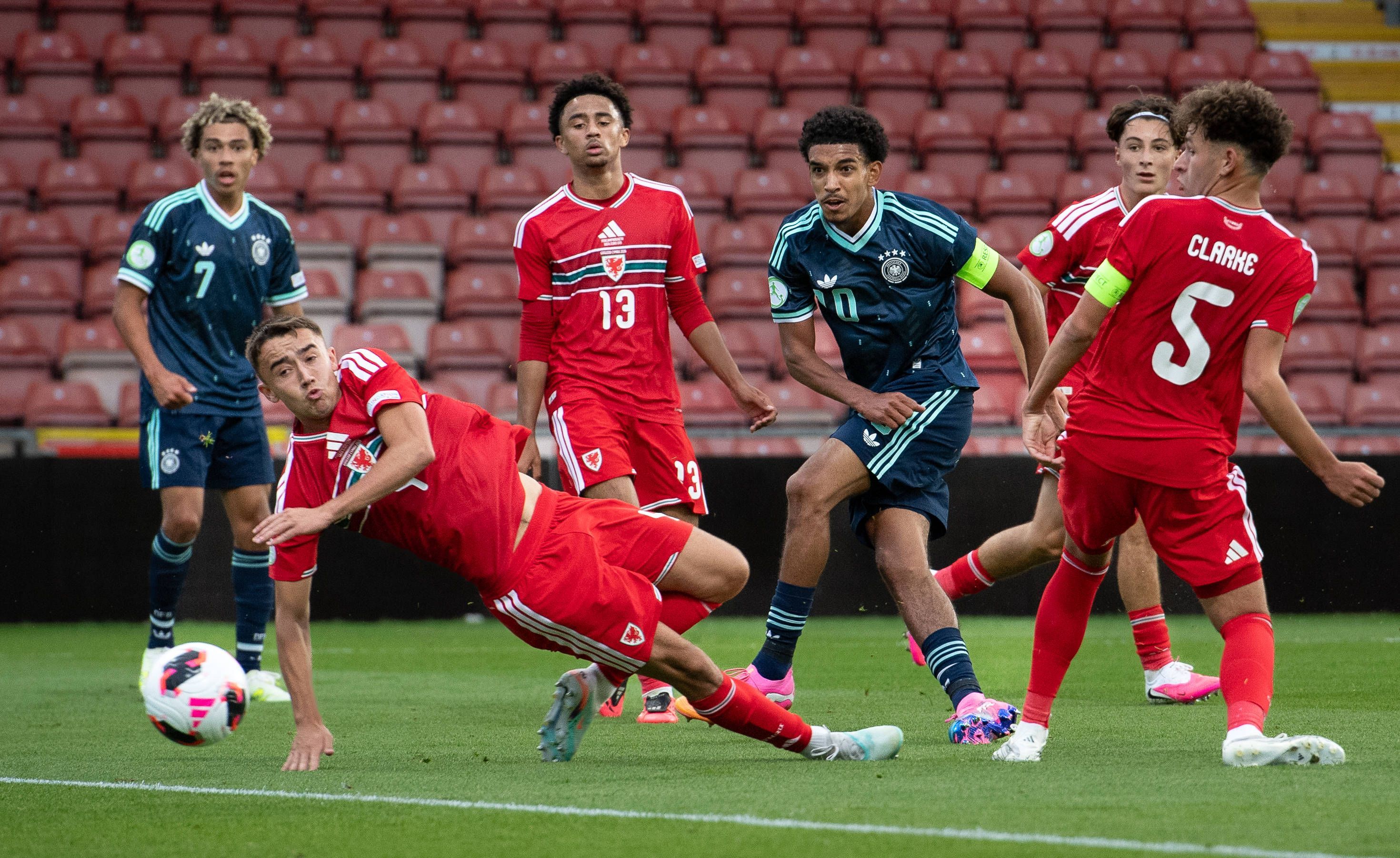 Football - 2026 UEFA European Under-19 Championship U19 Euros - Group A: Wales vs. Germany - SToK Cae Ras Racecourse Ground - Wednesday 1st July 2026 Germany U19 captain Francis Onyeka scores his teams opening goal in their 4-0 win over Wales COLORSPORT / BARRY MITCHELL PUBLICATIONxNOTxINxUK