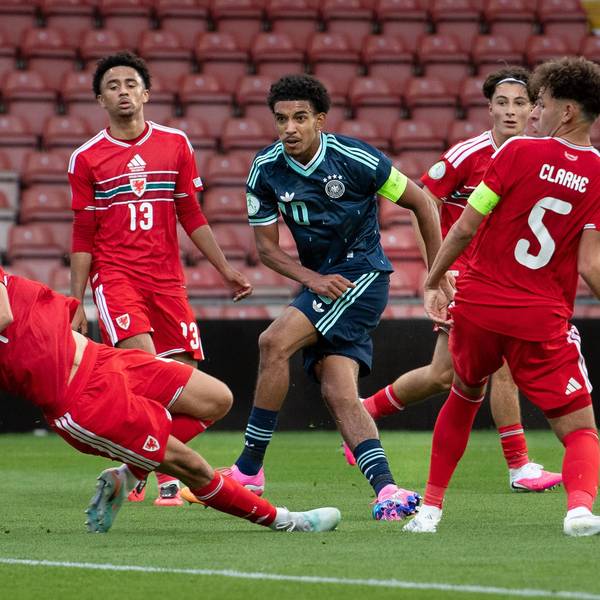 Football - 2026 UEFA European Under-19 Championship U19 Euros - Group A: Wales vs. Germany - SToK Cae Ras Racecourse Ground - Wednesday 1st July 2026 Germany U19 captain Francis Onyeka scores his teams opening goal in their 4-0 win over Wales COLORSPORT / BARRY MITCHELL PUBLICATIONxNOTxINxUK