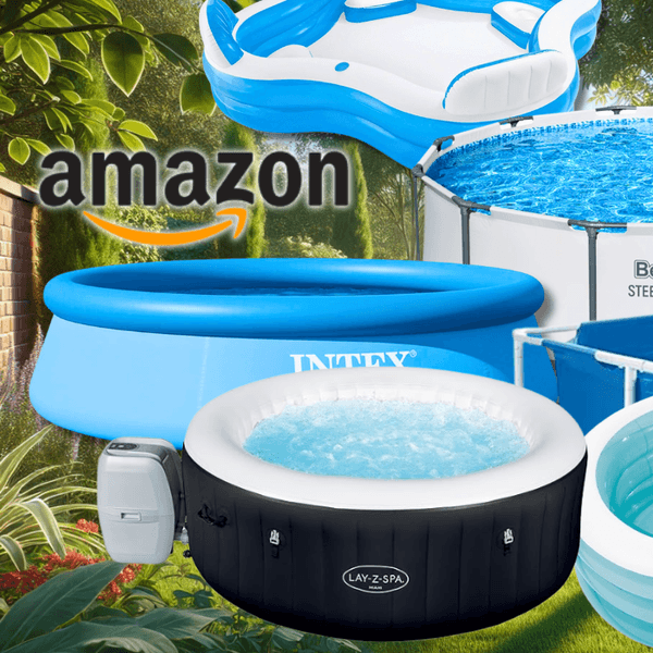Auf dem Bild ist eine Collage aus Pools, Whirlpools und Planschbecken zu sehen, die den Sale bei Amazon ankurbeln.