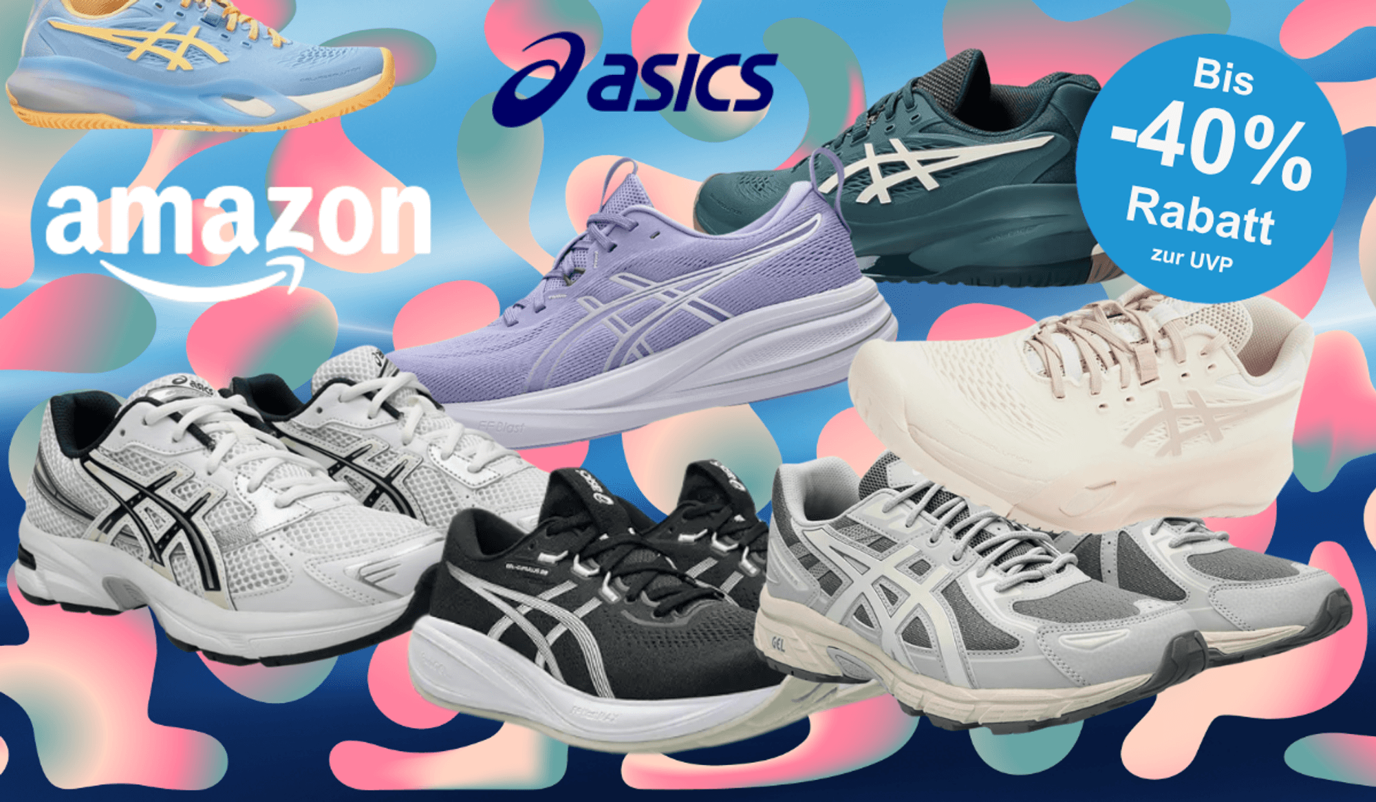 Eine Darstellung von 6 verschiedenen ASICS Modellen vor einem blauen Hintergrund.