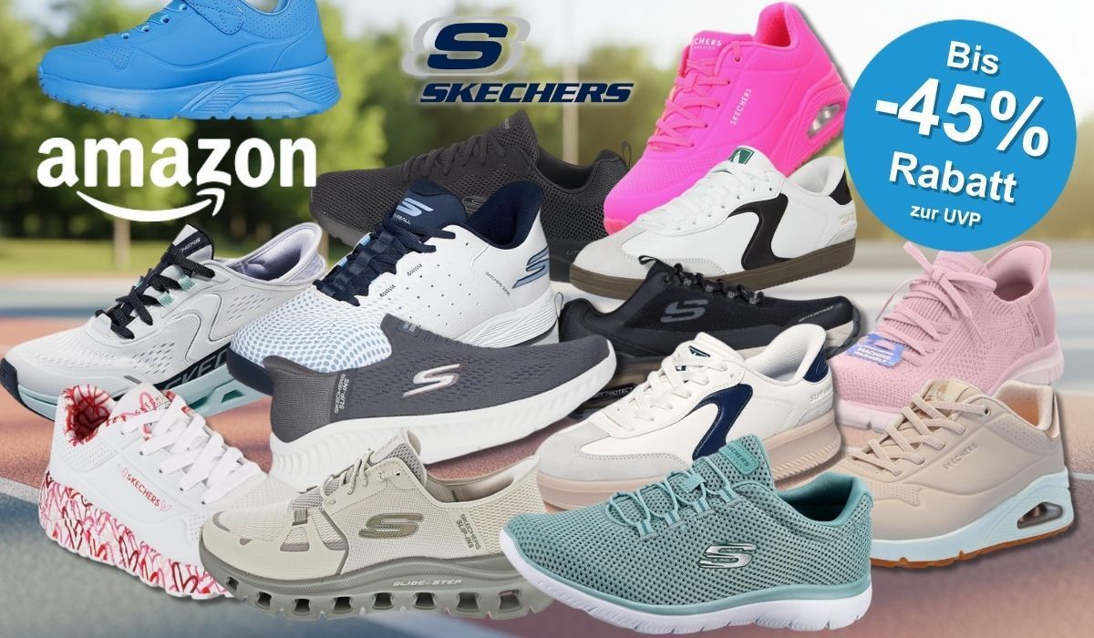 Skechers Sneaker in verschiedenen Farben (Schwarz, Weiß, Orange, Blau, Hellblau, Grau, Grün) vor einem Hintergrund eines Sportplatzes mit Wald im Hintergrund. Links oben das Amazon-Logo, daneben das Skechers-Logo.