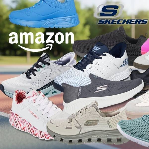 Skechers Sneaker in verschiedenen Farben (Schwarz, Weiß, Orange, Blau, Hellblau, Grau, Grün) vor einem Hintergrund eines Sportplatzes mit Wald im Hintergrund. Links oben das Amazon-Logo, daneben das Skechers-Logo.