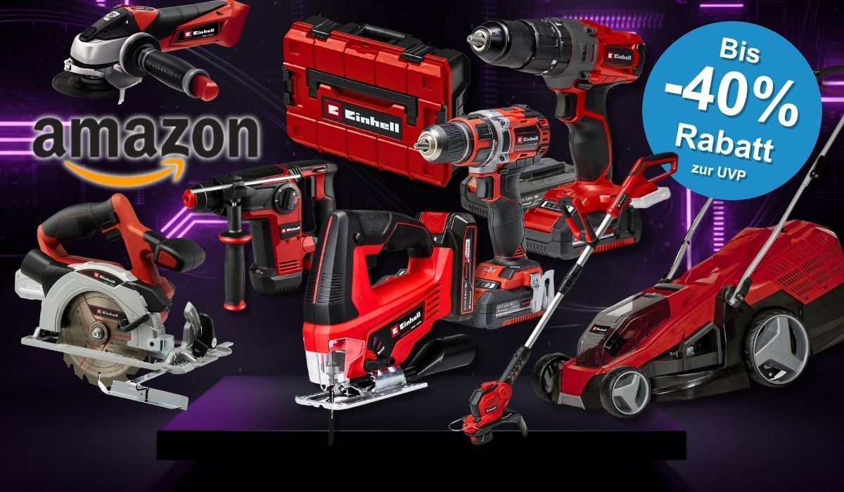 Collage verschiedener roter Einhell Werkzeuge und Gartengeräte (Winkelschleifer, Bohrhammer, Akkubohrer, Stichsäge, Kreissäge, Rasenmäher, Rasentrimmer und ein roter Einhell Werkzeugkoffer) vor einem dunklen technischen Hintergrund mit lila Neonlicht-Akzenten. Links mittig das Amazon-Logo.
