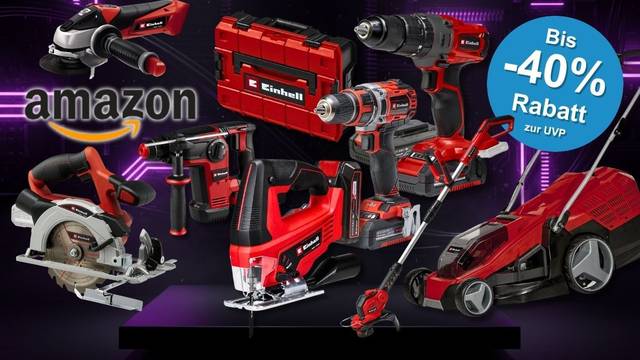 Collage verschiedener roter Einhell Werkzeuge und Gartengeräte (Winkelschleifer, Bohrhammer, Akkubohrer, Stichsäge, Kreissäge, Rasenmäher, Rasentrimmer und ein roter Einhell Werkzeugkoffer) vor einem dunklen technischen Hintergrund mit lila Neonlicht-Akzenten. Links mittig das Amazon-Logo.
