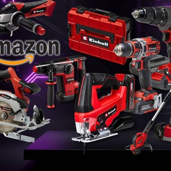 Collage verschiedener roter Einhell Werkzeuge und Gartengeräte (Winkelschleifer, Bohrhammer, Akkubohrer, Stichsäge, Kreissäge, Rasenmäher, Rasentrimmer und ein roter Einhell Werkzeugkoffer) vor einem dunklen technischen Hintergrund mit lila Neonlicht-Akzenten. Links mittig das Amazon-Logo.