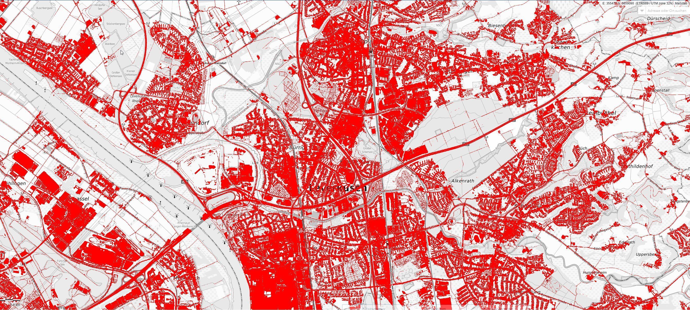 Die versiegelte Fläche Leverkusens ist im Klimaatlas NRW rot dargestellt.