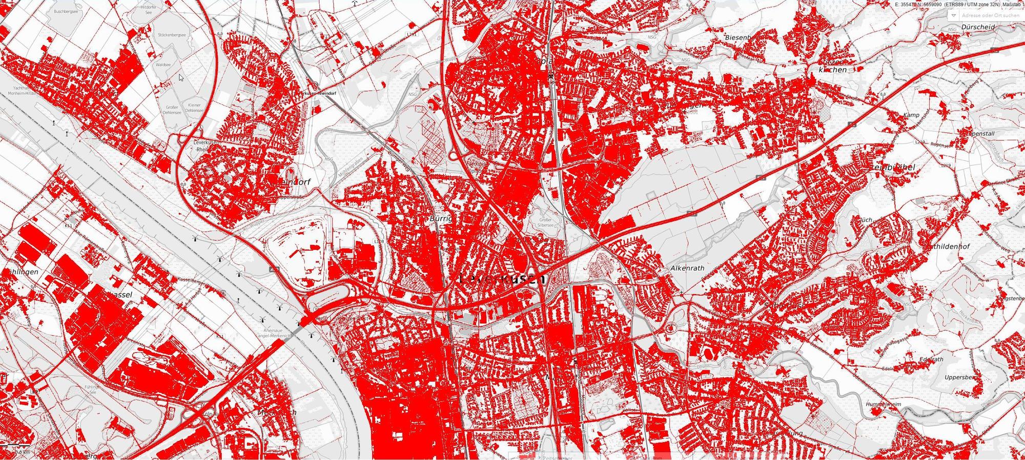 Die versiegelte Fläche Leverkusens ist im Klimaatlas NRW rot dargestellt.