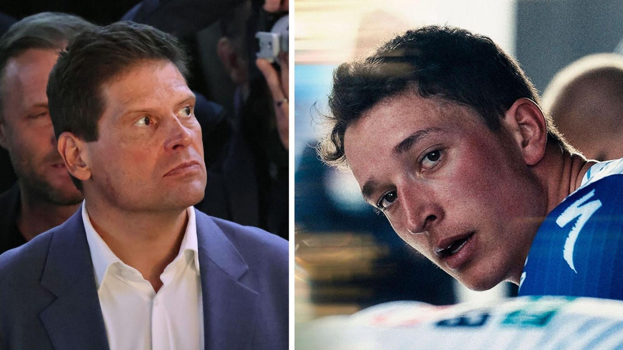 Florian Lipowitz (rechts) steht im Mittelpunkt der neuen Staffel der ARD-Dokumentation „Mythos Tour“. Jan Ullrich ordnet die Situation des Shootingstars ein. (Bild: Getty Images / Christof Koepsel / SR (Collage))