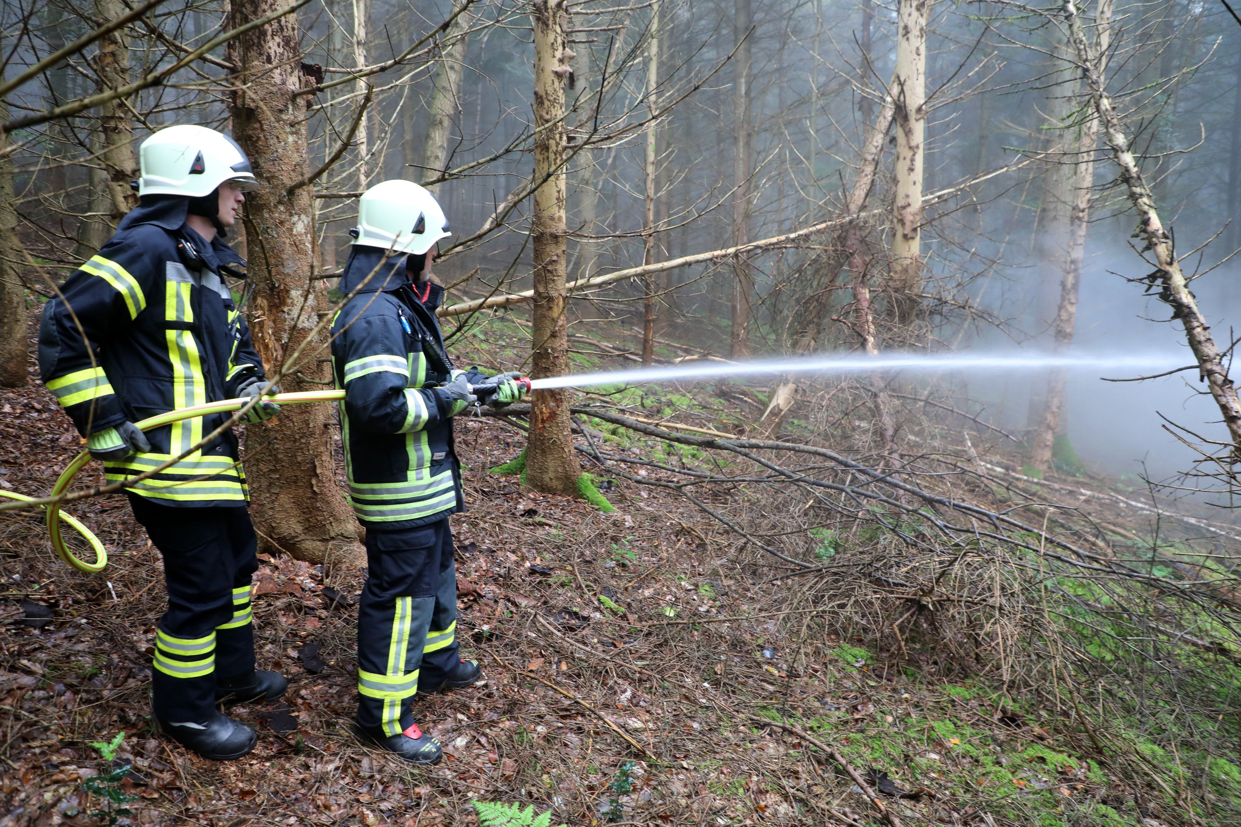 Zu sehen sind zwei Feuerwehrmänner mit einem Schlauch in einem Wald.