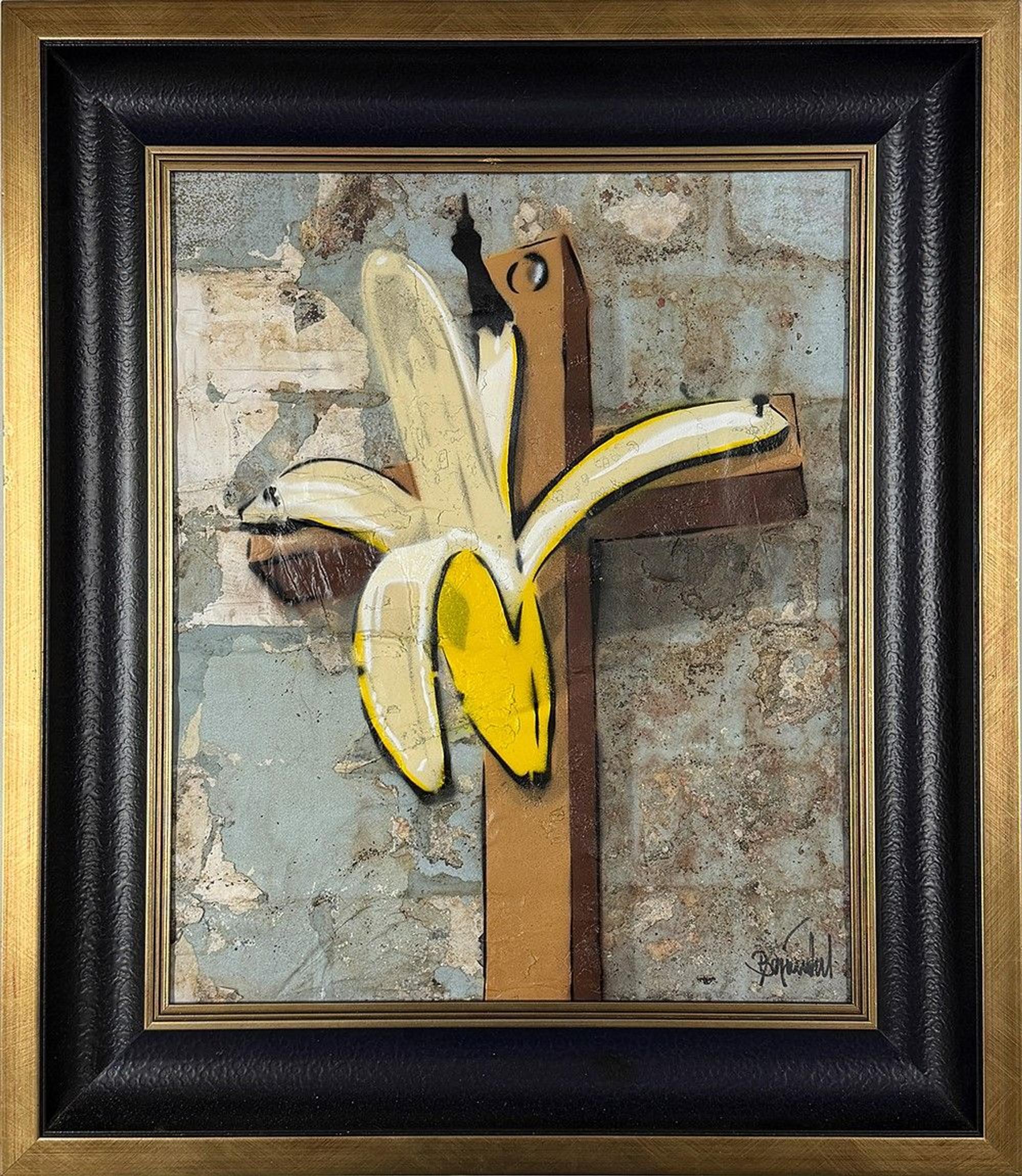 Ein Kruzifix mit einer Banane anstelle des Heilands.