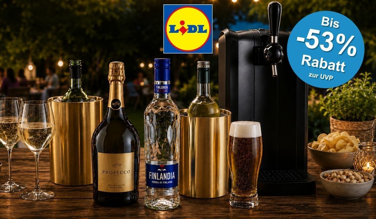 Philips PerfectDraft Bierzapfanlage, Finlandia Vodka, italienischer Prosecco, Weinkühler und passendes Barzubehör auf einer Bartheke am Abend aufgestellt