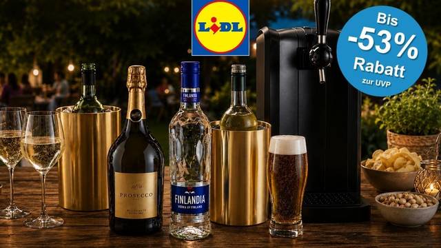 Philips PerfectDraft Bierzapfanlage, Finlandia Vodka, italienischer Prosecco, Weinkühler und passendes Barzubehör auf einer Bartheke am Abend aufgestellt