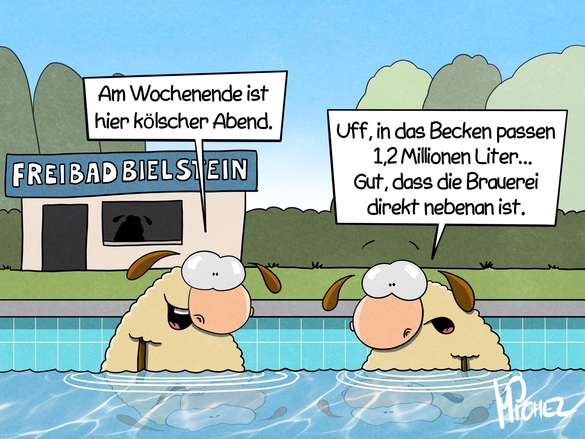 Zwei Schafe im Becken des Bielsteiner Freibads. Das eine sagt: „Am Wochenende ist hier kölscher Abend.“ Das andere antwortet: „Uff, in das Becken passen 1,2 Millionen Liter... Gut, dass die Brauerei direkt nebenan ist.“