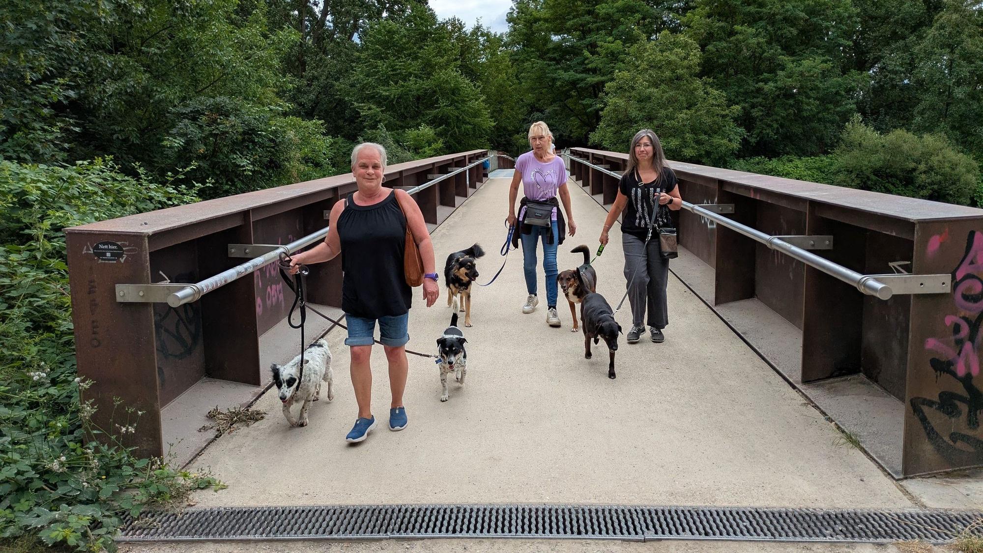 Hundebesitzerinnen auf einer Brücke über die Wupper