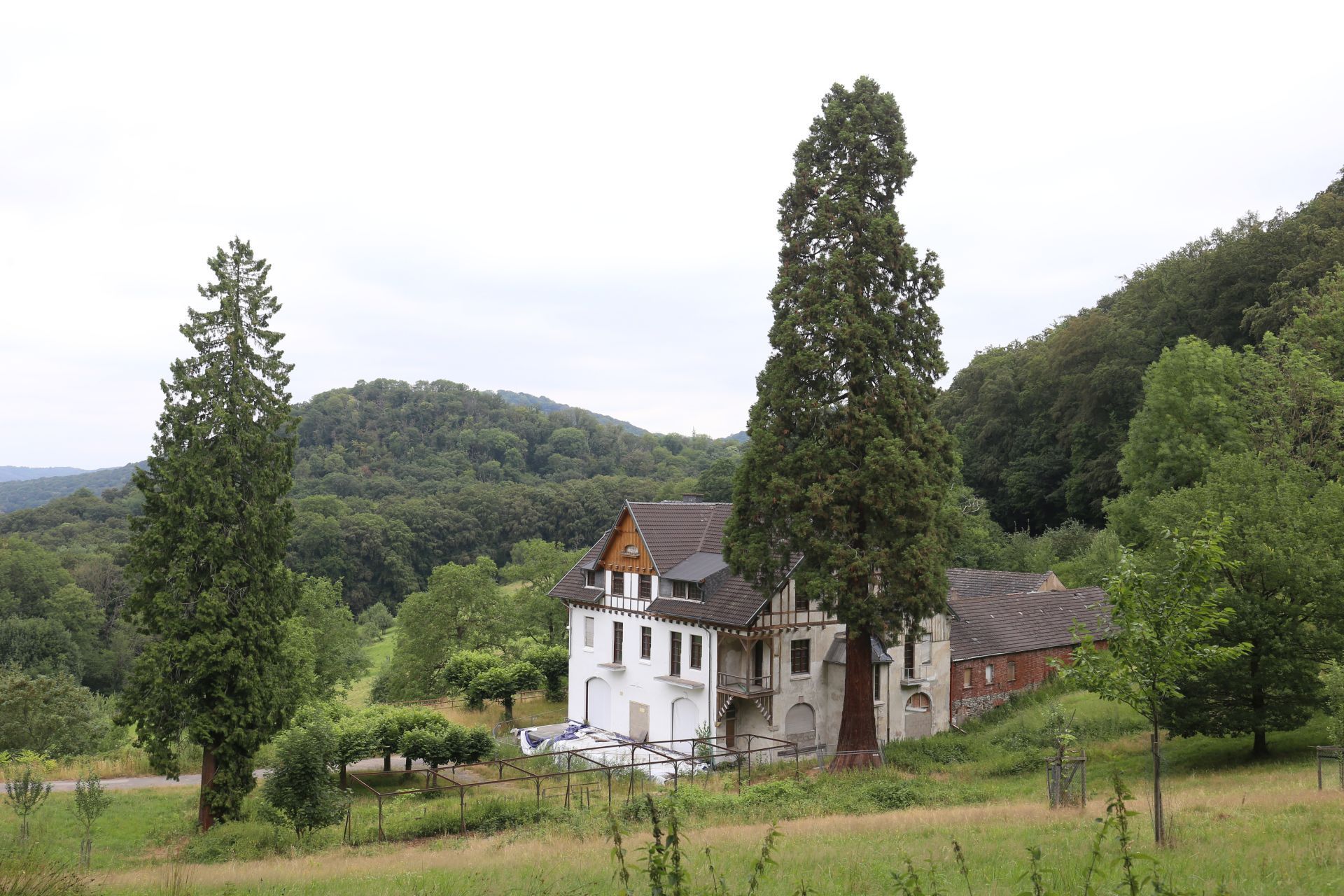 Ein historisches Gebäude, umgeben von Wald und Wiesen.