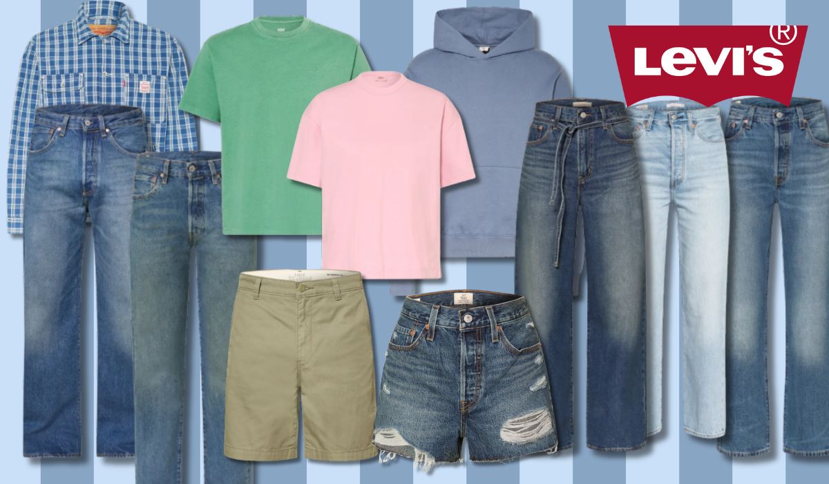 Mode von Levis vor einem gestreiften Hintergrund.