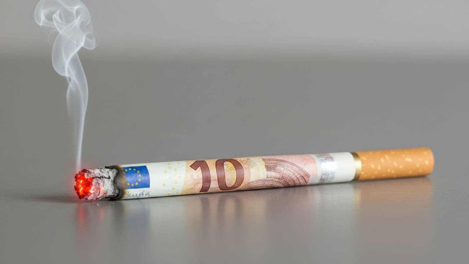 Symbolbild Tabaksteuer - brennende Zigarette, die aussieht wie ein Euro-Schein