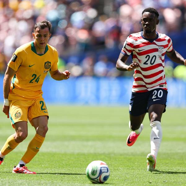 SEATTLE, WA - JUNE 19: Midfielder Paul Okon-Engstler 24 of Australia kicks the ball away from forward Folarin Balogun 20 of the United States during the FIFA World Cup, WM, Weltmeisterschaft, Fussball 2026 Group D match between the USA and Australia on June 19, 2026 at Seattle Stadium in Seattle, Washington. Photo by Henry Rodenburg/Icon Sportswire SOCCER: JUN 19 FIFA World Cup 26 Group D - USA vs Australia EDITORIAL USE ONLY Icon260619082
