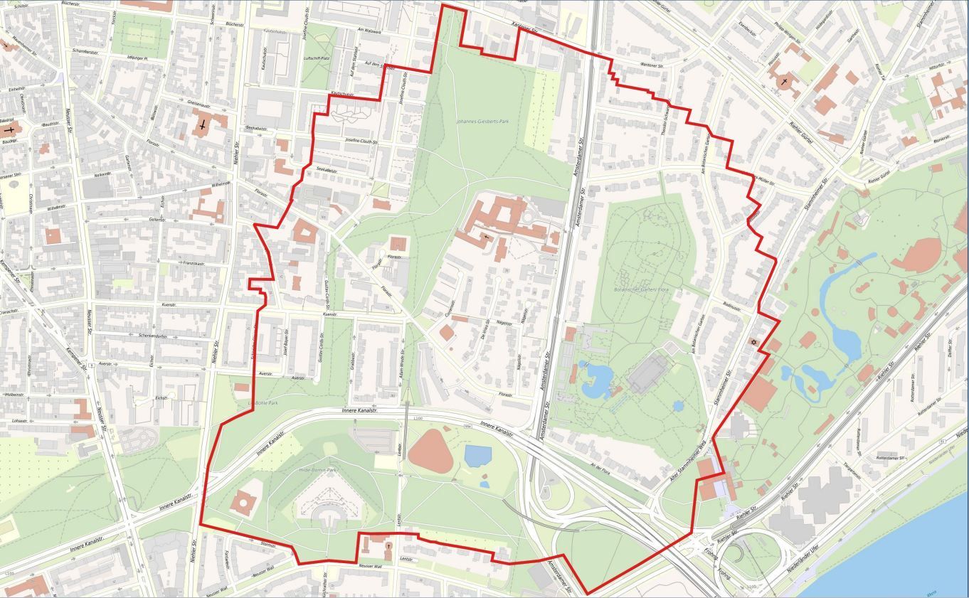 In der Nachbarschaft des Johannes-Giesberts-Parks in Nippes ist ein Bombenblindgänger aus dem Zweiten Weltkrieg gefunden worden. Das Bild zeigt den Evakuierungsradius.