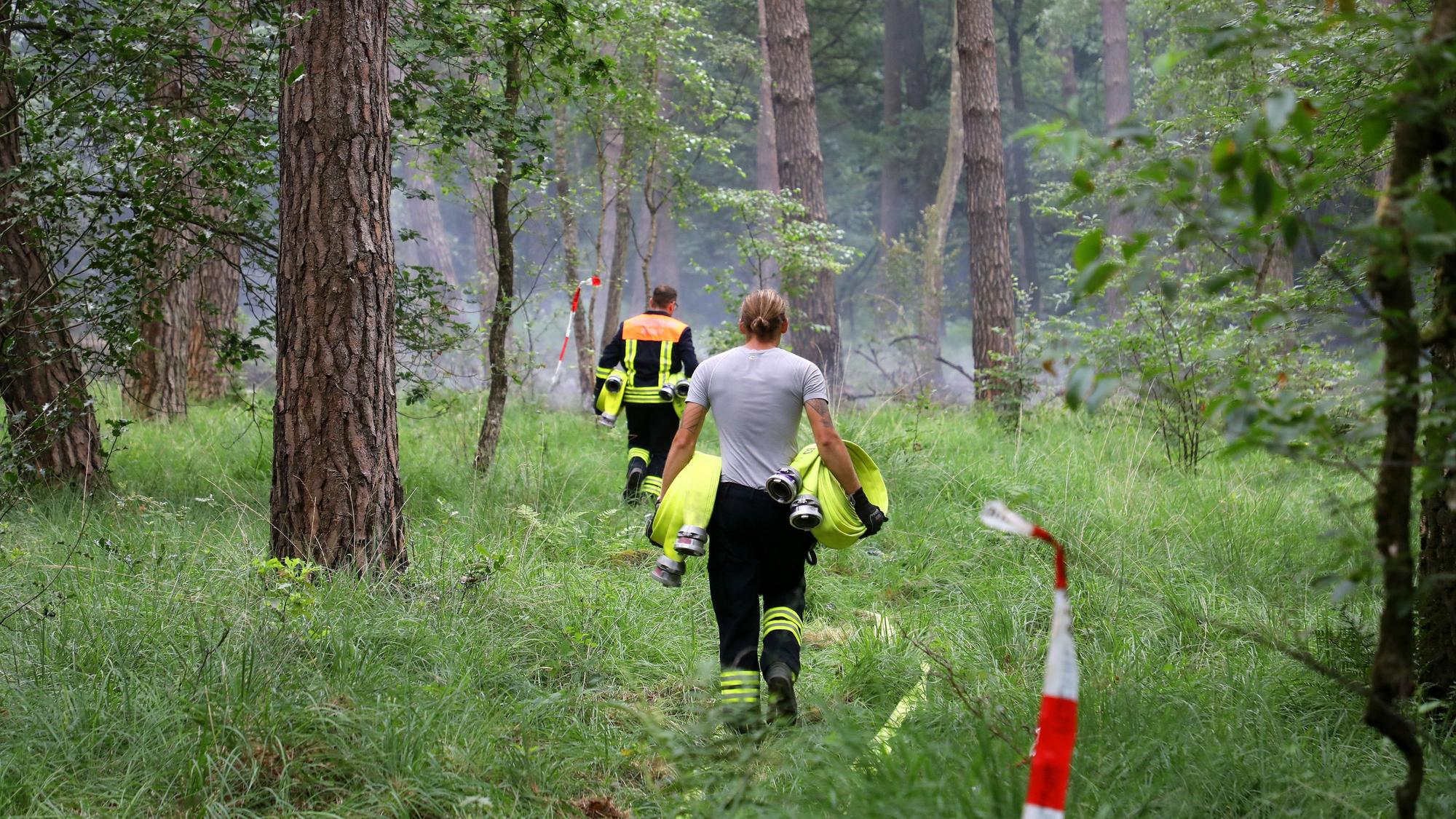 Feuerwehrleute tragen Schläuche in den von einem Waldbrand betroffenen Wald in der Wahner Heide bei Rösrath.