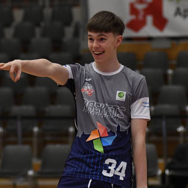 Germany, Leverkusen, 18.02.2023, Ostermann-Arena, Bayer Giants Leverkusen vs Paderborn Baskets - BARMER 2. Basketball Bundesliga ProA, Agust Godi Kjartansson PAD laughs with a teammate Leverkusen Ostermann-Arena North Rhine Westphalia Germany *** Germany, Leverkusen, 18 02 2023, Ostermann Arena, Bayer Giants Leverkusen vs Paderborn Baskets BARMER 2 Basketball Bundesliga ProA, Agust Godi Kjartansson PAD laughs with a teammate Leverkusen Ostermann Arena North Rhine Westphalia Germany PUBLICATIONxINxGERxSUIxAUTxONLY eu-images-665