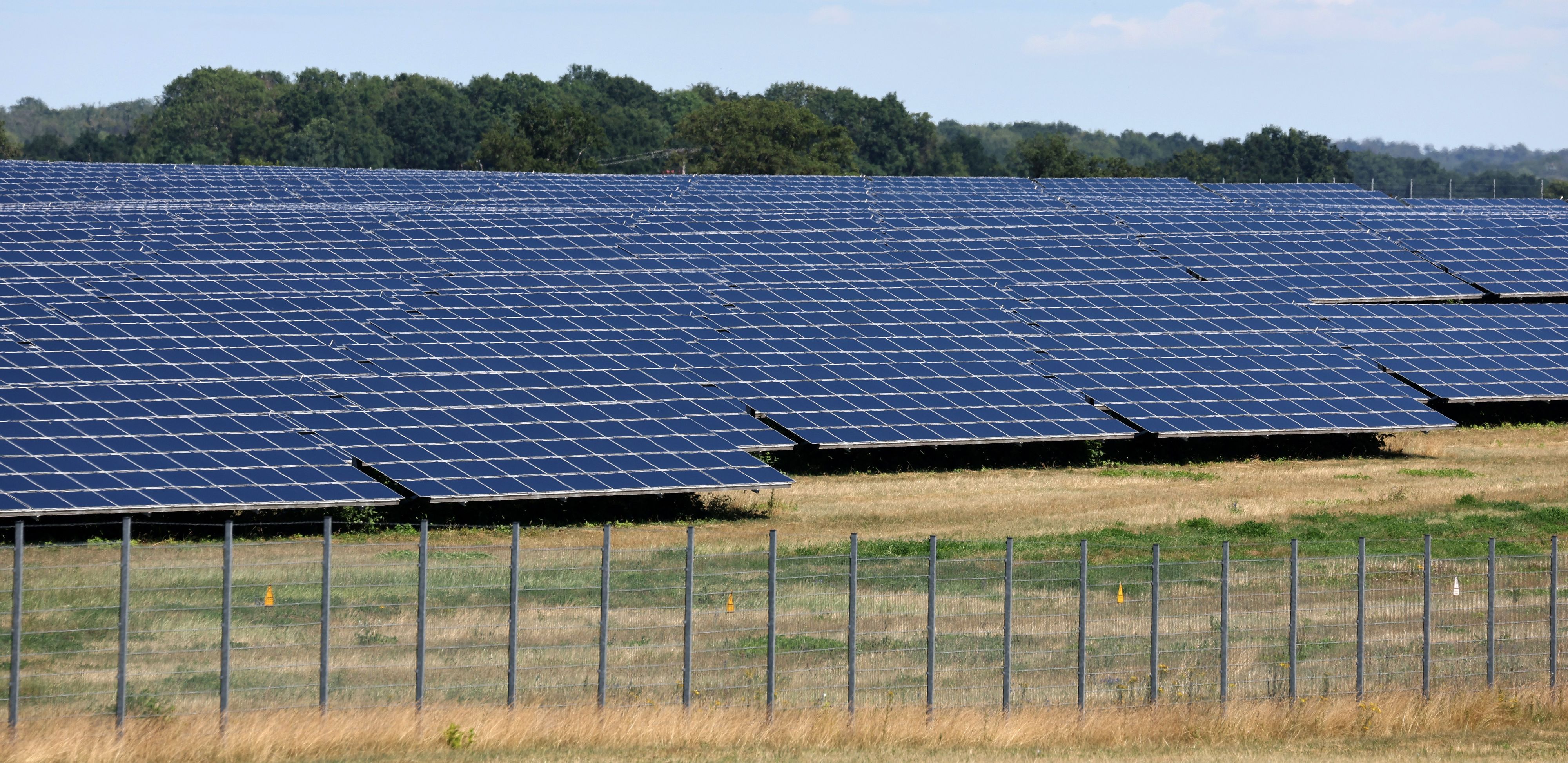 Das Symbolfoto zeigt eine  eingezäunte Photovoltaik-Freiflächenanlagen.