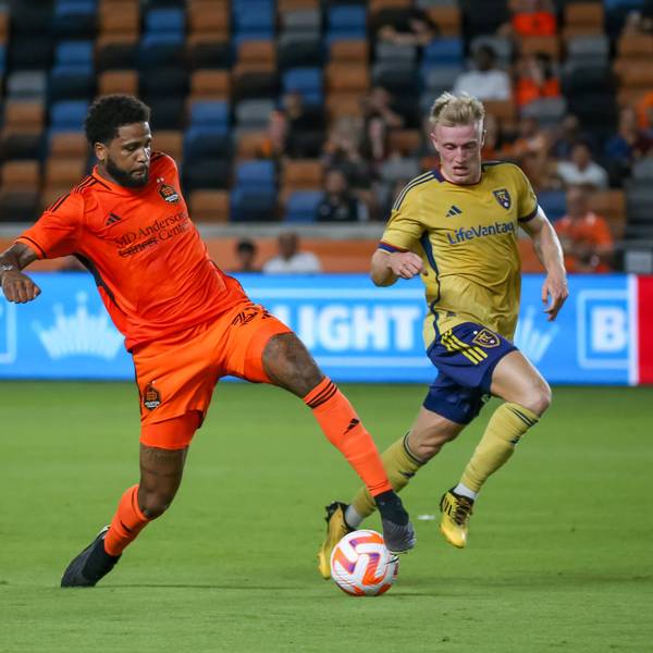 HOUSTON, TX - AUGUST 23: Houston Dynamo defender Micael 31 keeps the ball away from Real Salt Lake defender Jasper Löffelsend 28 in the first half during the US Cup semifinal soccer match between Real Salt Lake and Houston Dynamo on August 23, 2023 at Shell Energy Stadium in Houston, Texas. Photo by Leslie Plaza Johnson/Icon Sportswire SOCCER: AUG 23 US Cup Semifinal - Houston Dynamo vs Real Salt Lake EDITORIAL USE ONLY Icon230823001