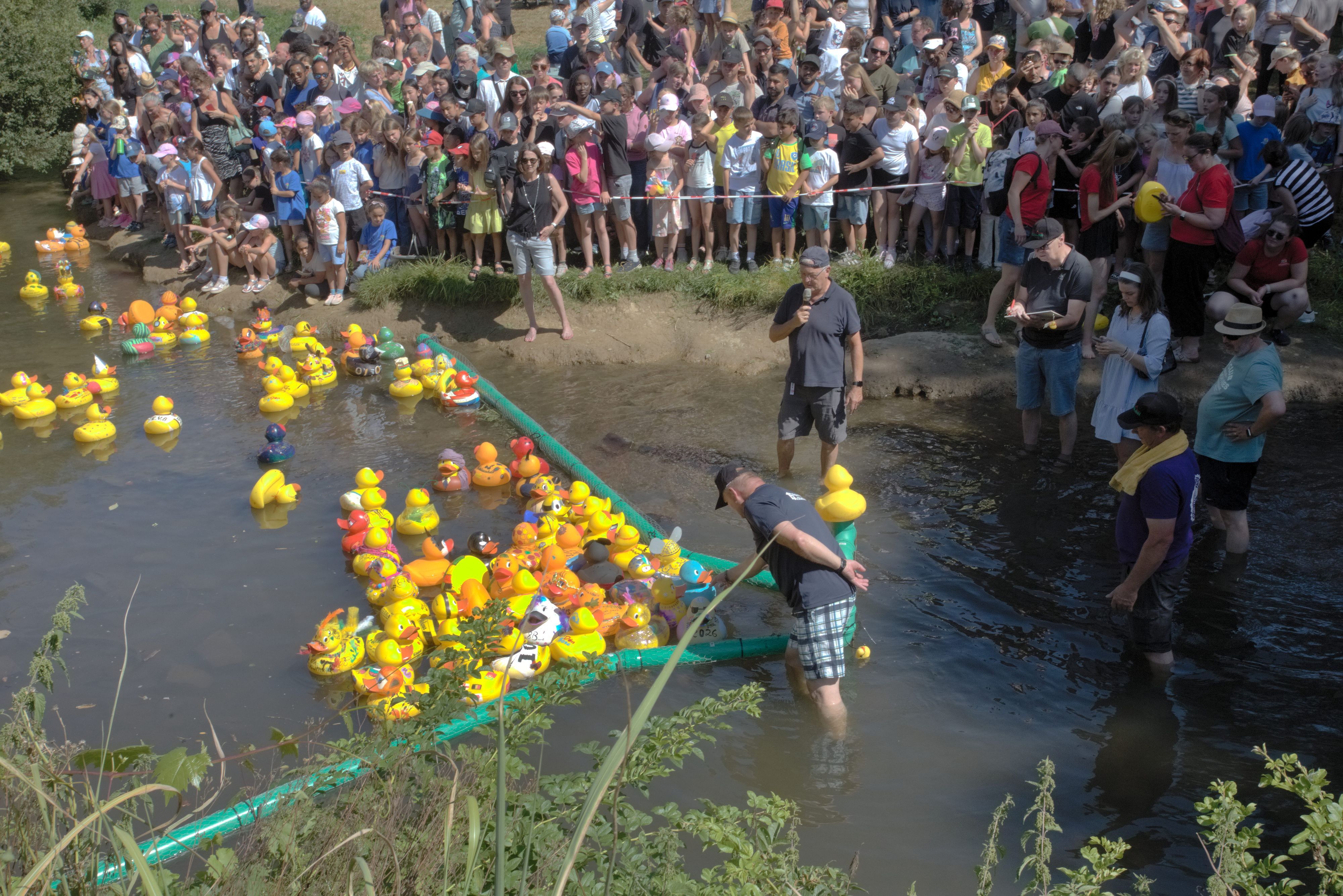 Großes Gedränge auf den Ohler Wiesen entlang der Wupper und ebenso auf dem Wasser: Die 143 Mutterenten erreichen beim Entenrennen in Wipperfürth eher gemächlich das grüne Zieltor.