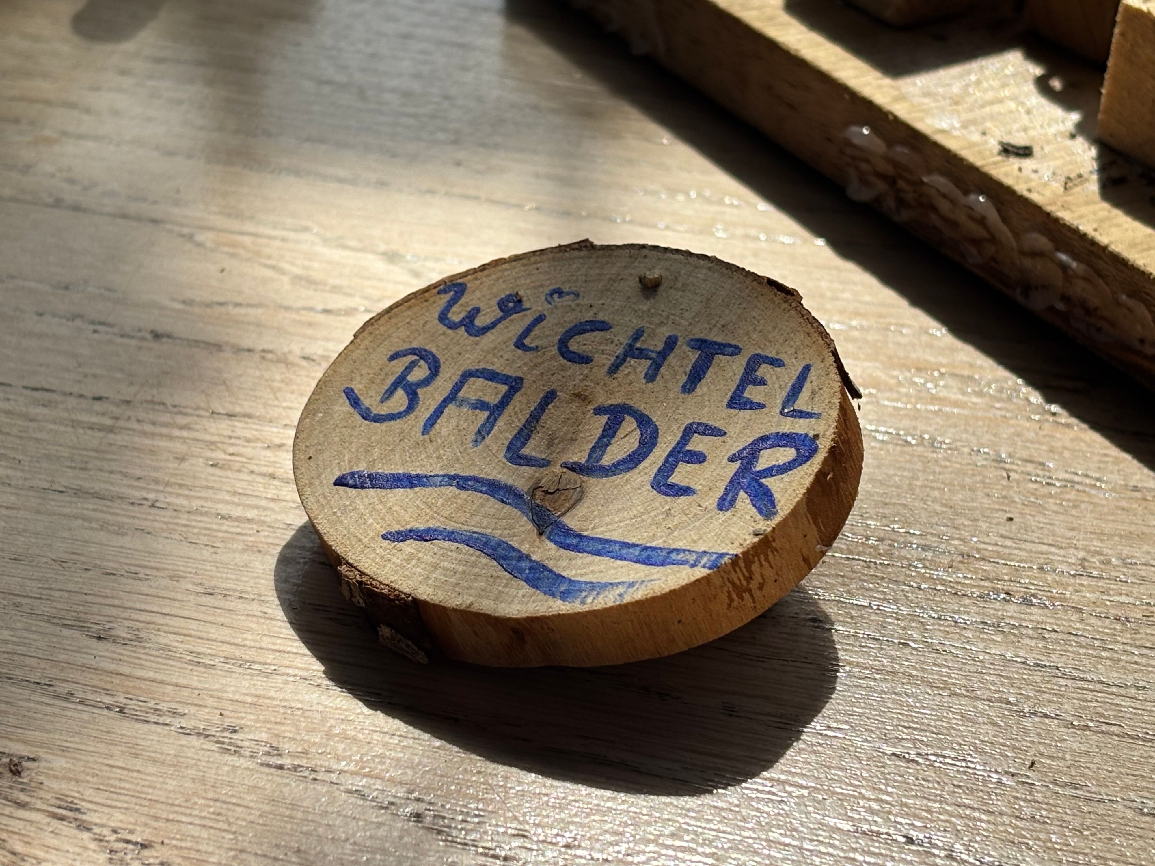 Detailaufnahme auf das runde Namensschild „Wichtel Balder“, das auf einem Holztisch liegt