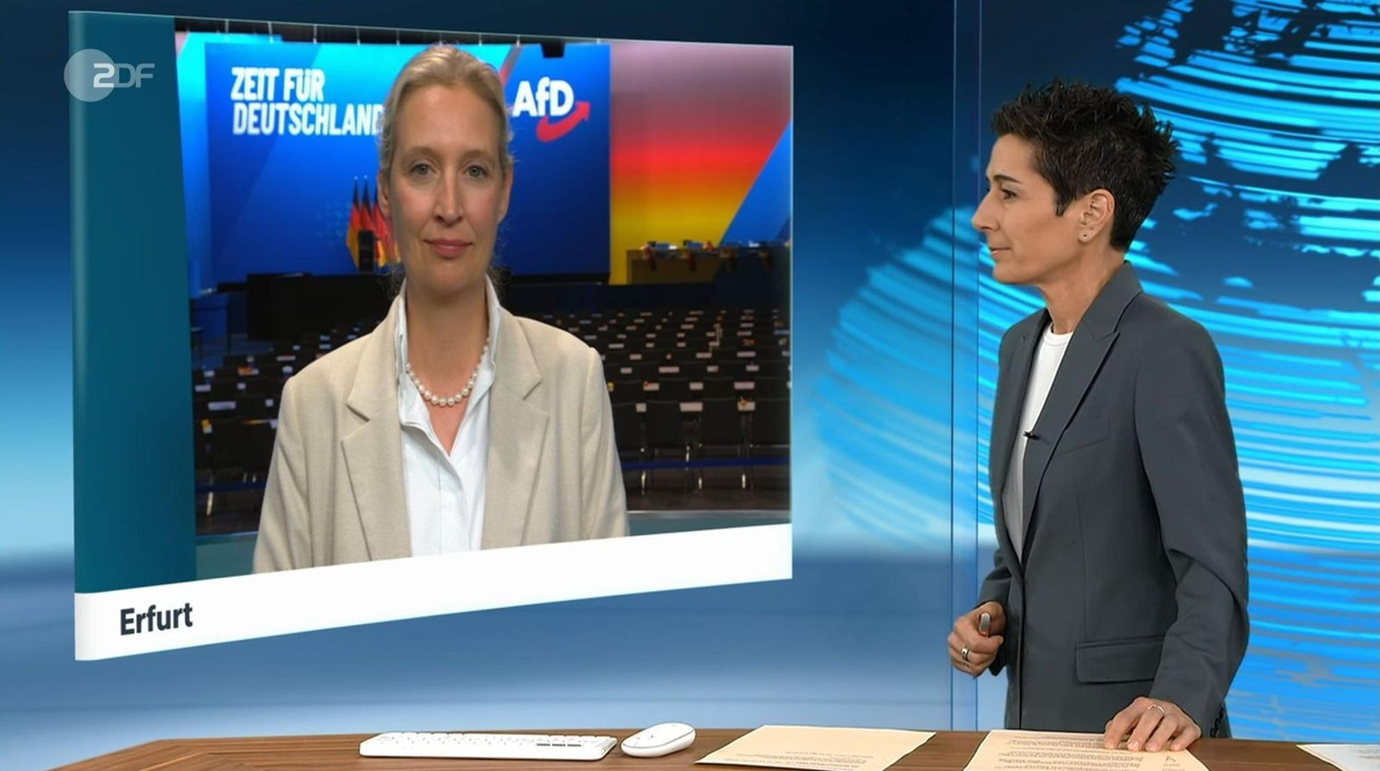 Ein konfliktgeladenes „heute journal“-Interview von Moderatorin Dunja Hayali (rechts) mit AfD-Chefin Alice Weidel ging in den letzten Tagen viral. (Bild: ZDF)