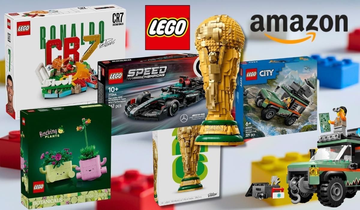 Lego-Bestseller im Amazon Sale: Cristiano Ronaldo Editions-Set, LEGO Speed Champions Mercedes-AMG F1 W15, FIFA WM-Pokal, LEGO City Offroad Geländewagen und LEGO Botanicals Schaukelnde Pflanzen vor hellem Hintergrund mit bunten Klemmbausteinen.