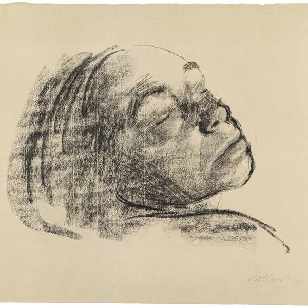 Selbstbildnis von Käthe Kollwitz mit geschlossenen Augen, nach hinten geneigt