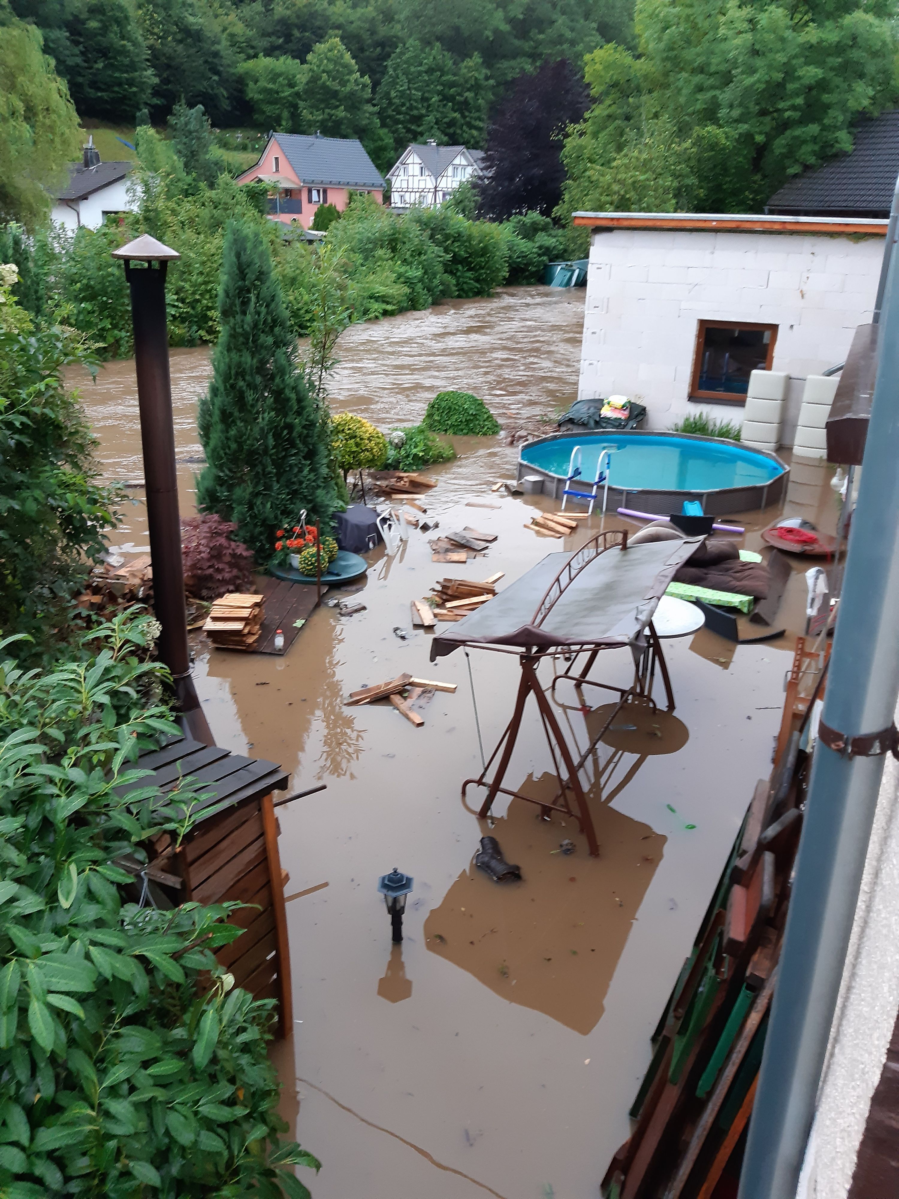 Ein überfluteteter Garten am Flussufer.