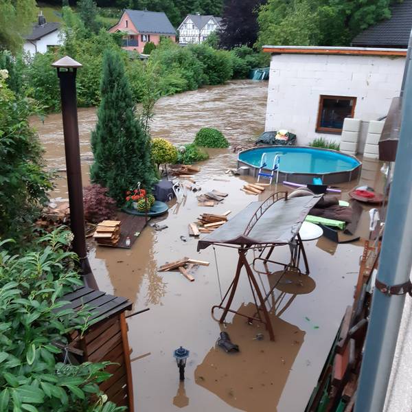 Ein überfluteteter Garten am Flussufer.