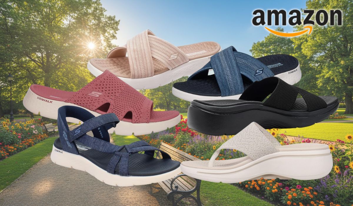 Skechers Go Walk Sandalen vor einem sommerlichen Park im Hintergrund.