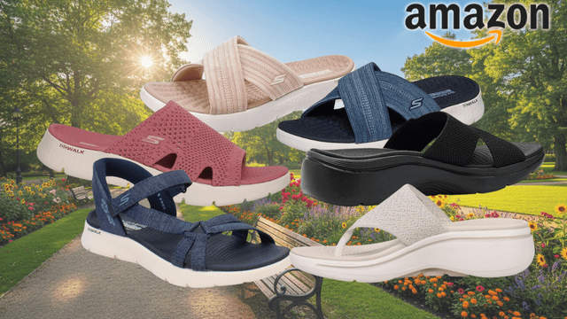 Skechers Go Walk Sandalen vor einem sommerlichen Park im Hintergrund.