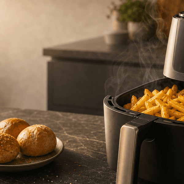 Ein schwarzer Airfryer steht auf einer dunklen Küchenarbeitsplatte, der Korb ist halb herausgezogen und gefüllt mit goldbraunen Pommes und Süßkartoffel-Sticks. Daneben liegen aufgebackene Brötchen auf einem kleinen Teller. Warmes, weiches Licht von links; der Hintergrund ist leicht unscharf, oben links bleibt viel freie Fläche für eine Überschrift.