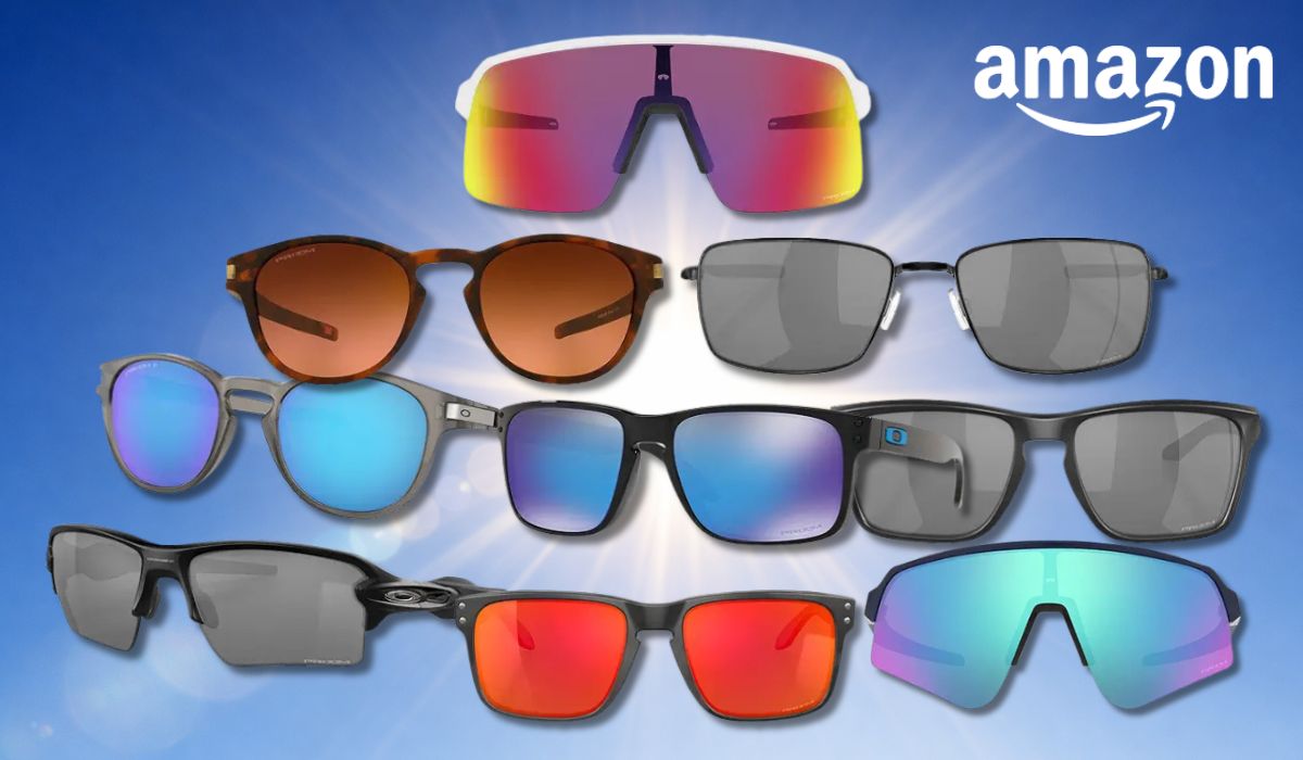 Eine Darstellung von verschiedenen Oakley Sonnenbrillen vor einem blauen Sonnen-Hintergrund.