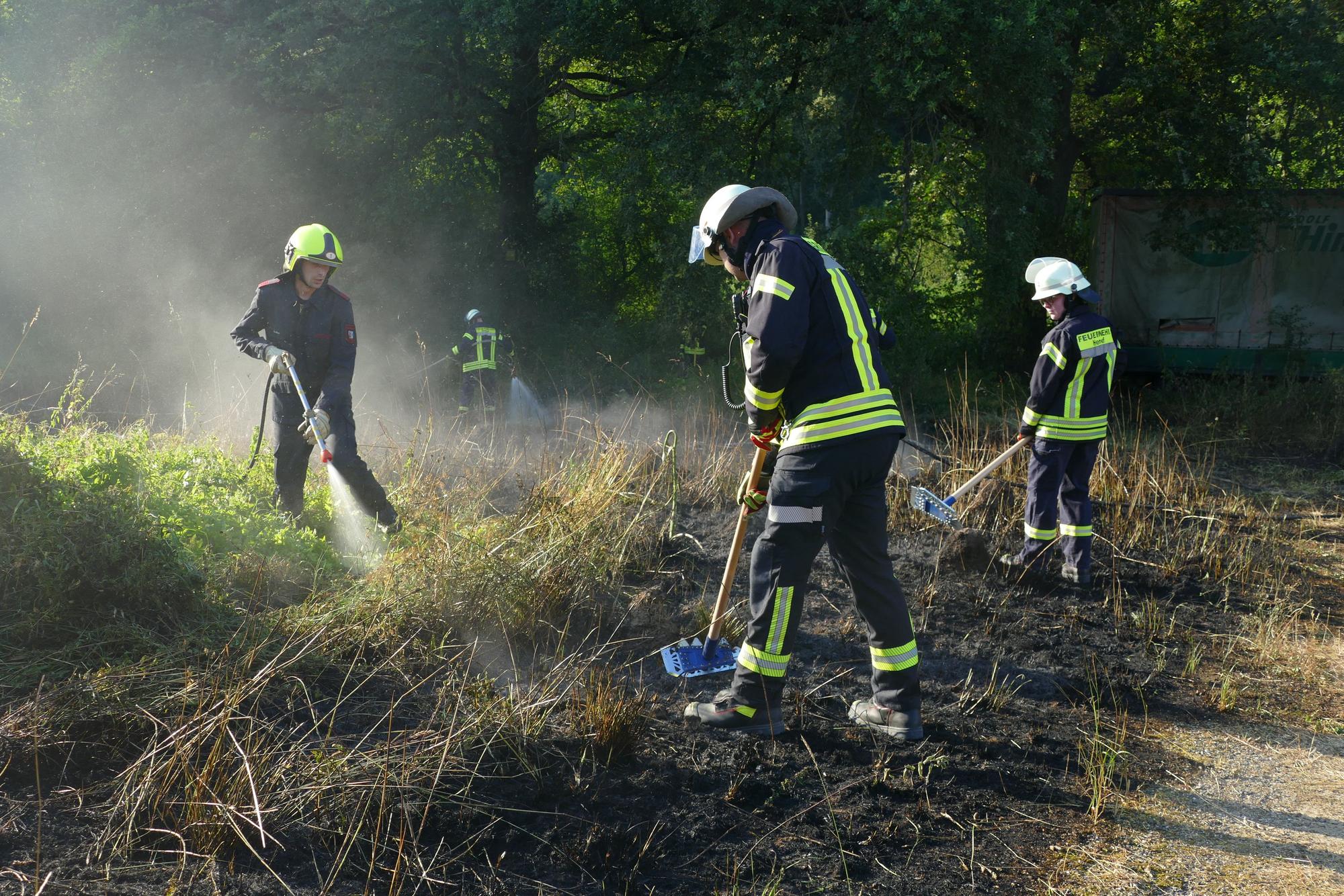 Feuerwehrleute löschen eine brennende Wiese