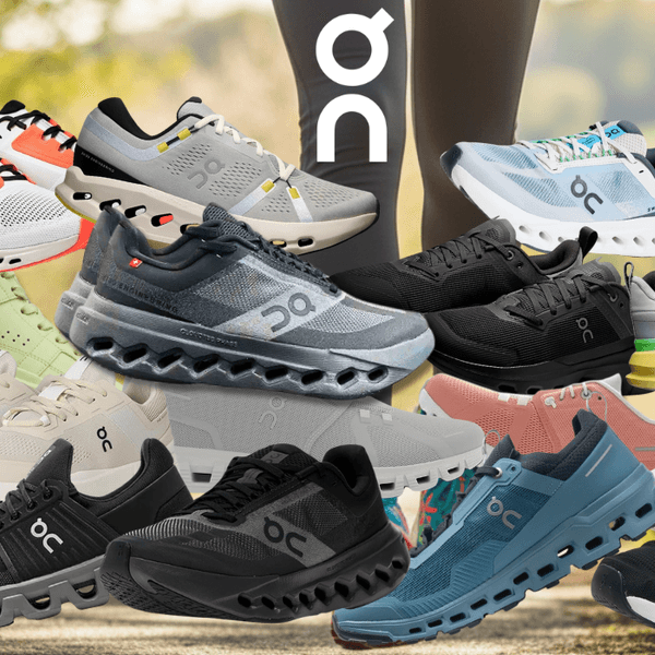 On Running Laufschuhe und Sneaker in verschiedenen Farben vor einem sommerlichen Park-Hintergrund mit Joggerbeinen.