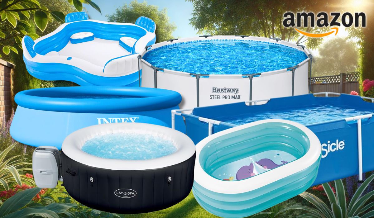 Auf dem Bild ist eine Collage aus Pools, Whirlpools und Planschbecken zu sehen, die den Sale bei Amazon ankurbeln.