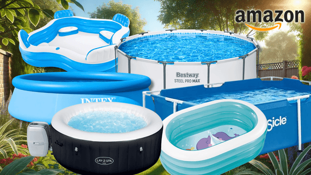 Auf dem Bild ist eine Collage aus Pools, Whirlpools und Planschbecken zu sehen, die den Sale bei Amazon ankurbeln.